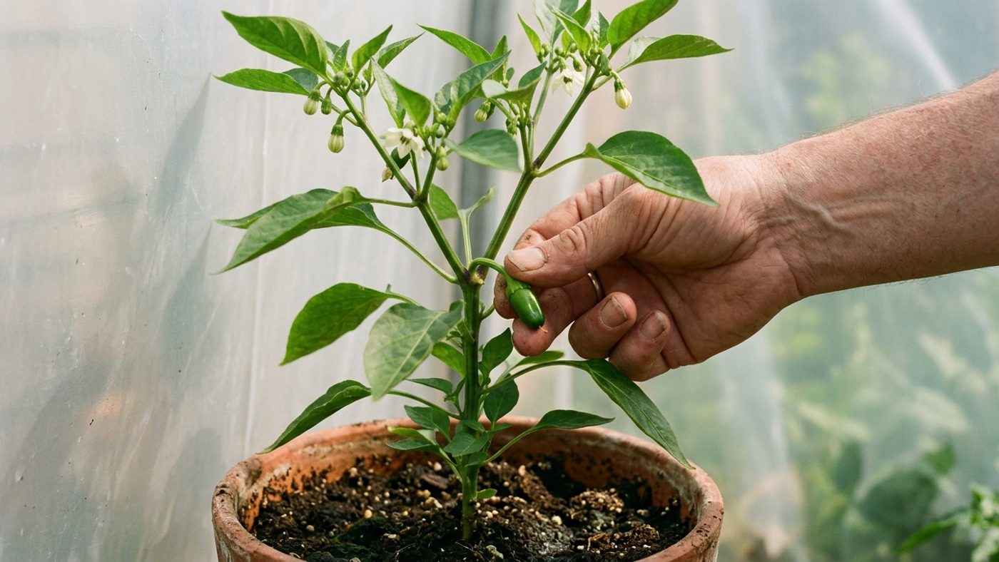 Fingers removing the first small pepper fruit, the king fruit, from a young plant to build strength before a full crop