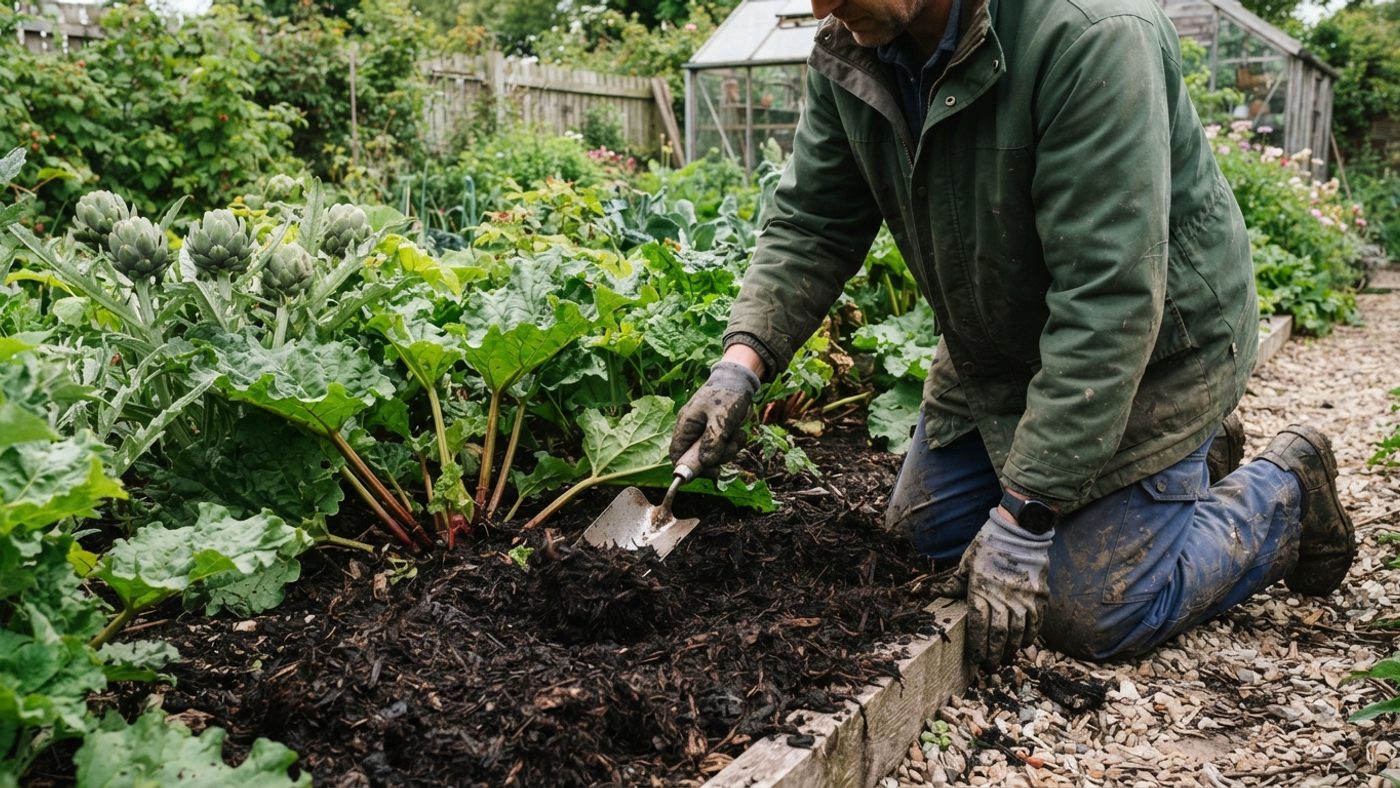 Well-rotted manure being spread as a mulch around an established perennial vegetable bed