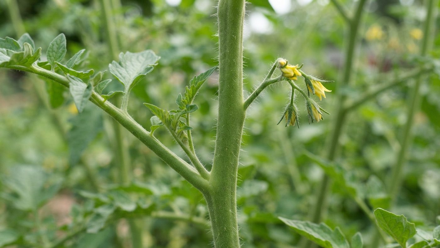 A close-up comparison of a small sideshoot growing from a leaf axil beside a flower truss growing directly from the main stem