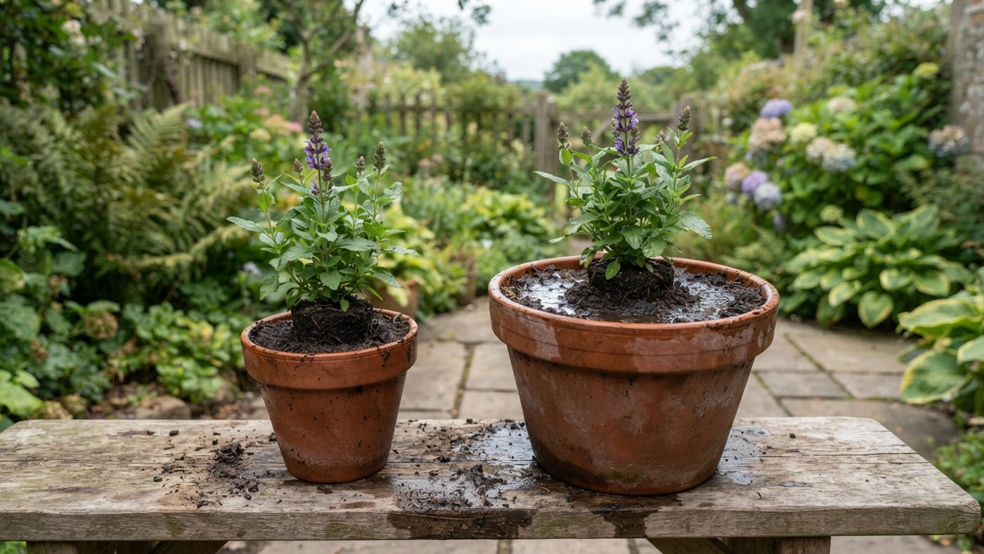 A small plant moved into a modestly larger pot next to the same size plant overpotted into a much larger pot with a lot of bare compost around it