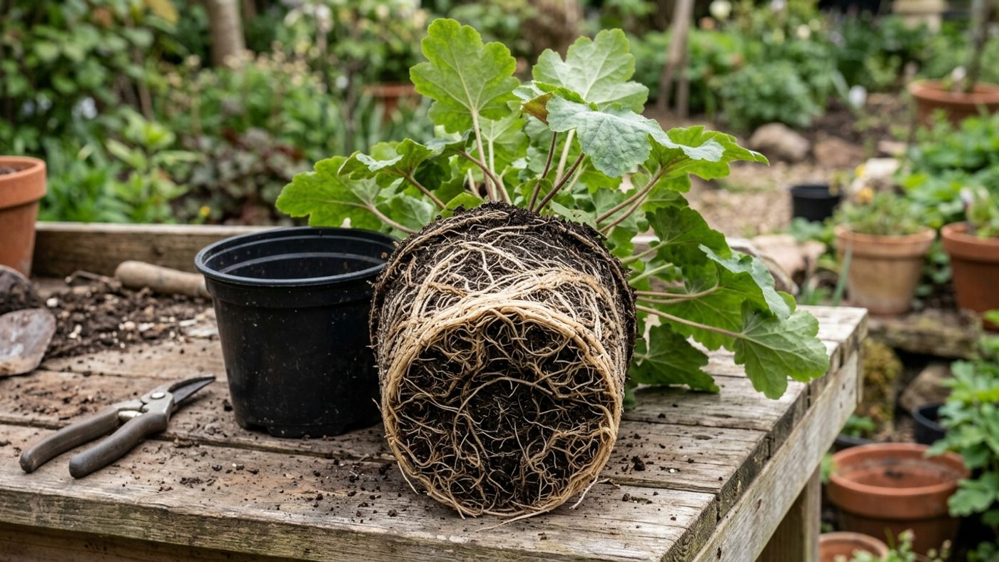 A plant tipped out of its pot showing roots tightly circling the base of the rootball, a sign it has outgrown its container
