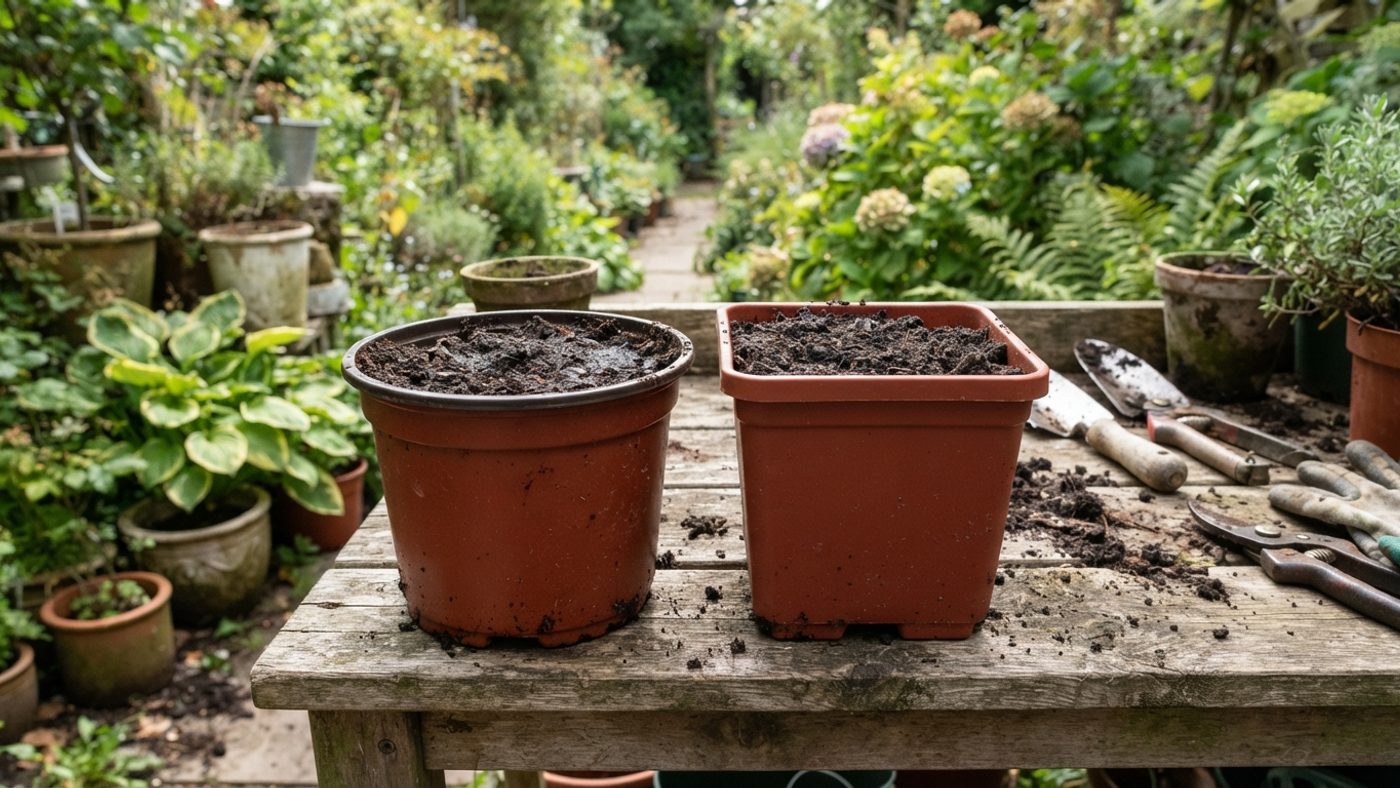 A round plant pot next to a square plant pot of the same width, showing how the square pot fills its corners and holds more volume