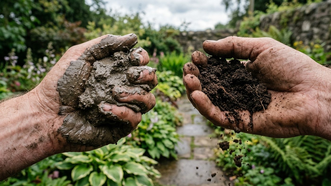 Wet, claggy clay smearing between a gardener's fingers next to dry, crumbly workable soil breaking apart cleanly