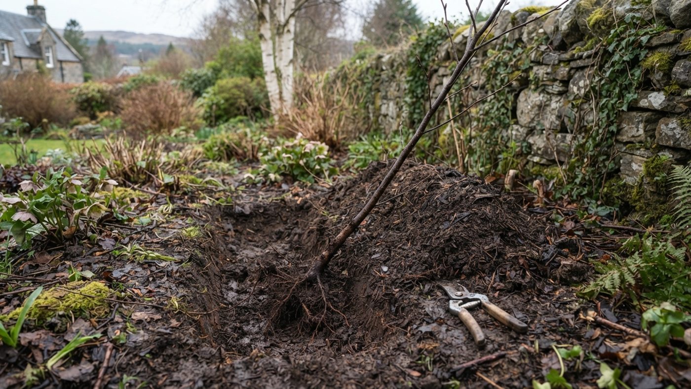A young bare-root tree heeled into a temporary trench in a sheltered spot, roots and lower stem laid in at an angle and covered with soil