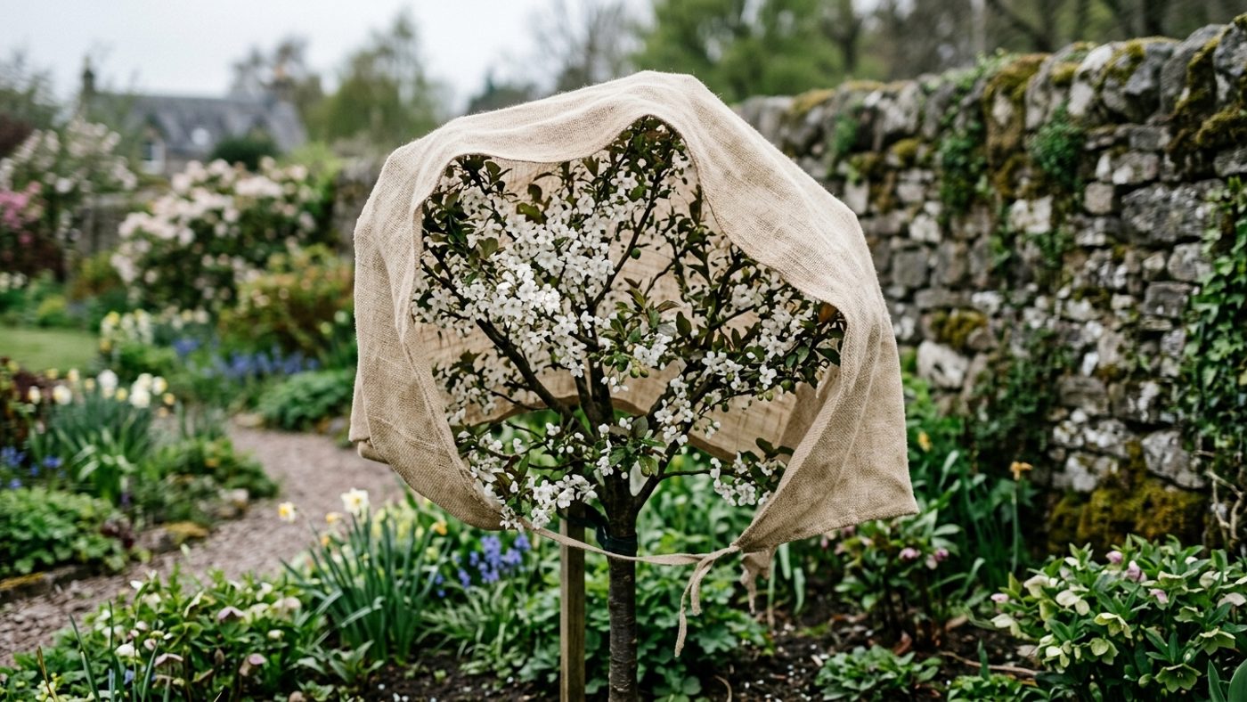 Fleece draped over a plum tree in blossom overnight to protect against a late spring frost