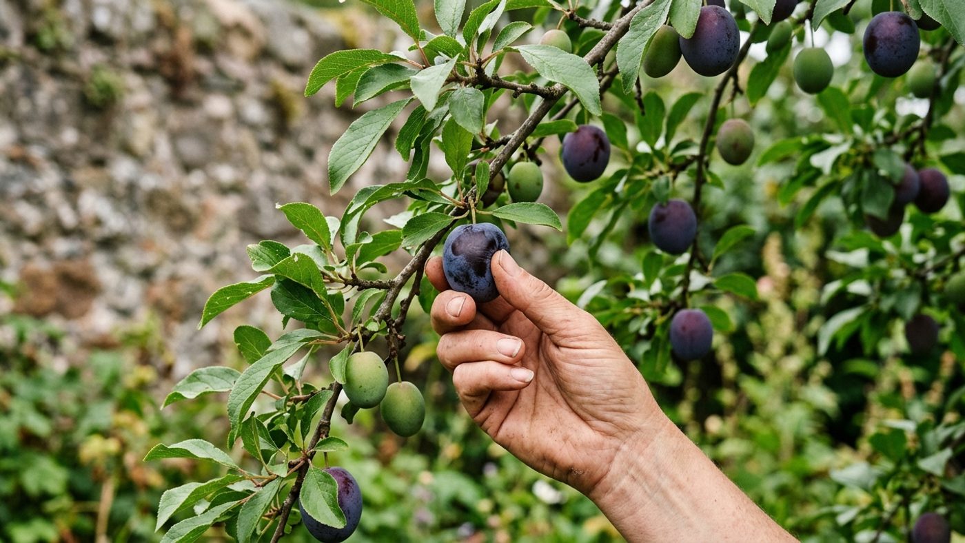 A hand gently squeezing a ripe dark plum on the tree to check for softness before picking