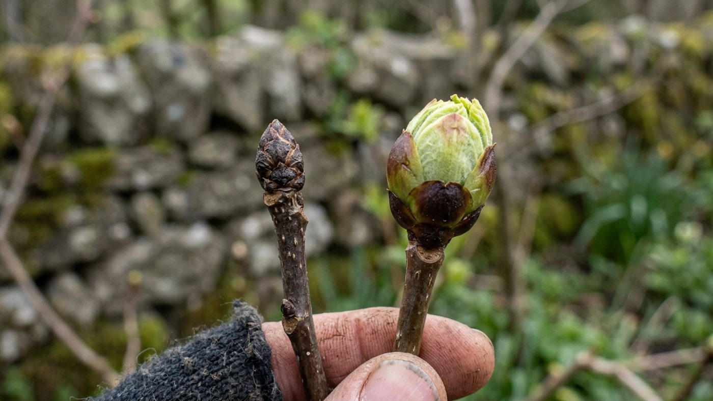 A tightly closed dormant winter bud next to a bud on another branch visibly swelling and showing colour at the tip
