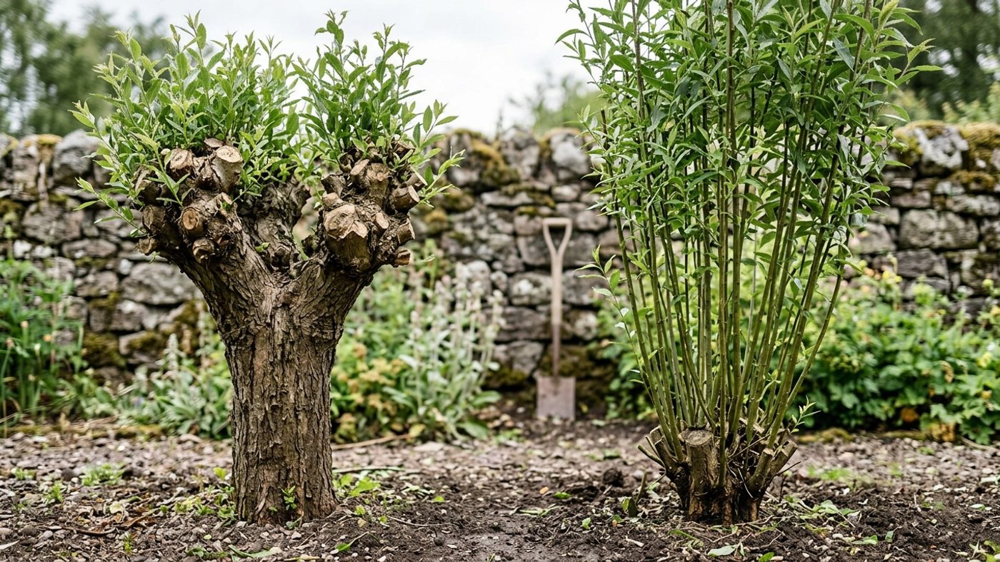 A pollarded tree with new growth sprouting from a knobbly framework above ground next to a coppiced shrub with multiple new stems rising straight from ground level