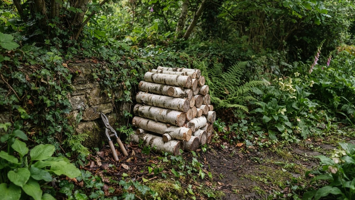 A small stacked log pile left in a shady garden corner as insect habitat