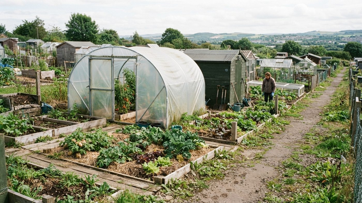 A polytunnel on an allotment plot among rows of other allotment plots, a different setting from a private domestic garden