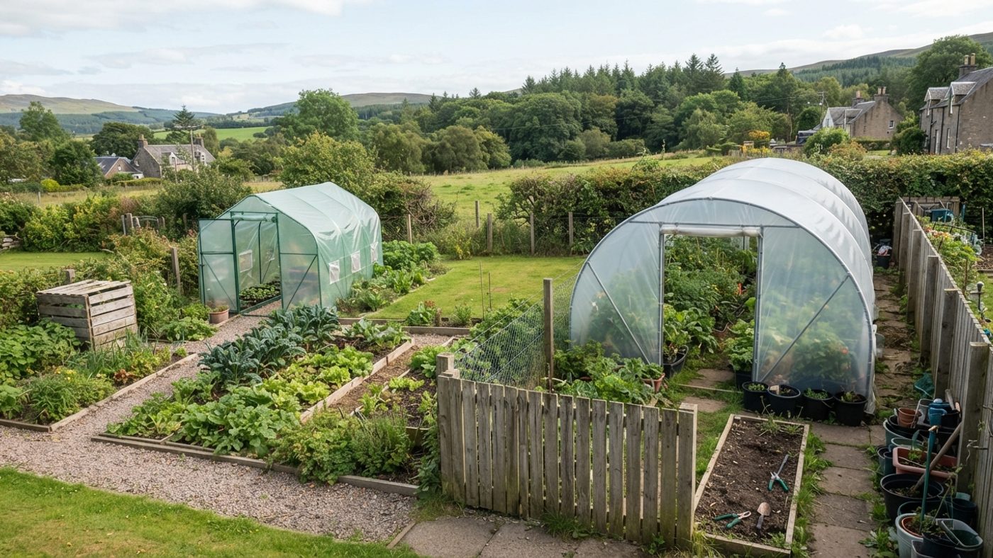 A modest, compliant-sized polytunnel taking up a small share of a garden next to a much larger polytunnel dominating most of a similarly sized garden