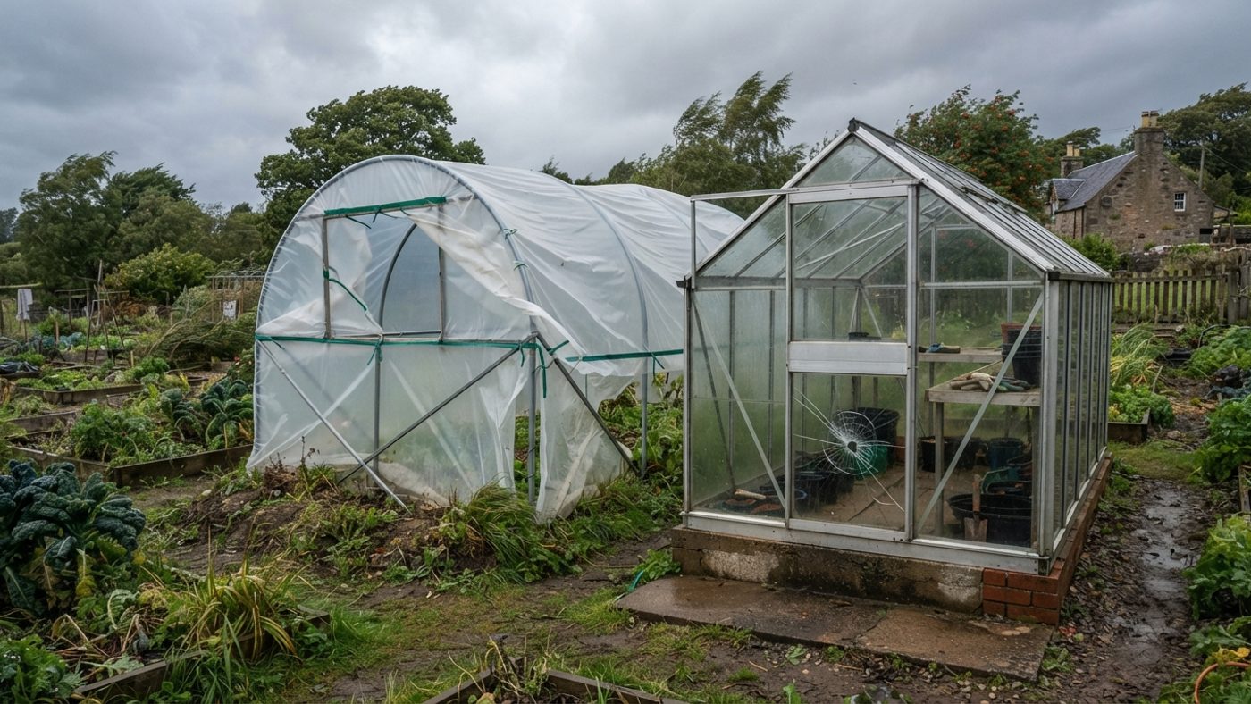A polytunnel cover billowing and lifting in strong wind next to a greenhouse with one cracked glass pane, the two different wind failure modes