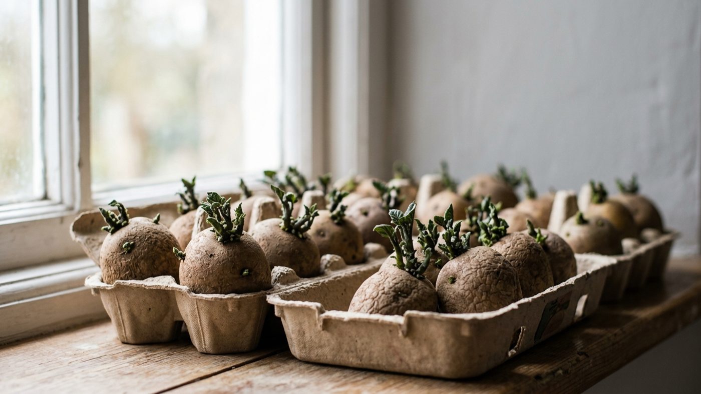 Seed potatoes standing upright in egg boxes on a windowsill, sprouting short dark green shoots