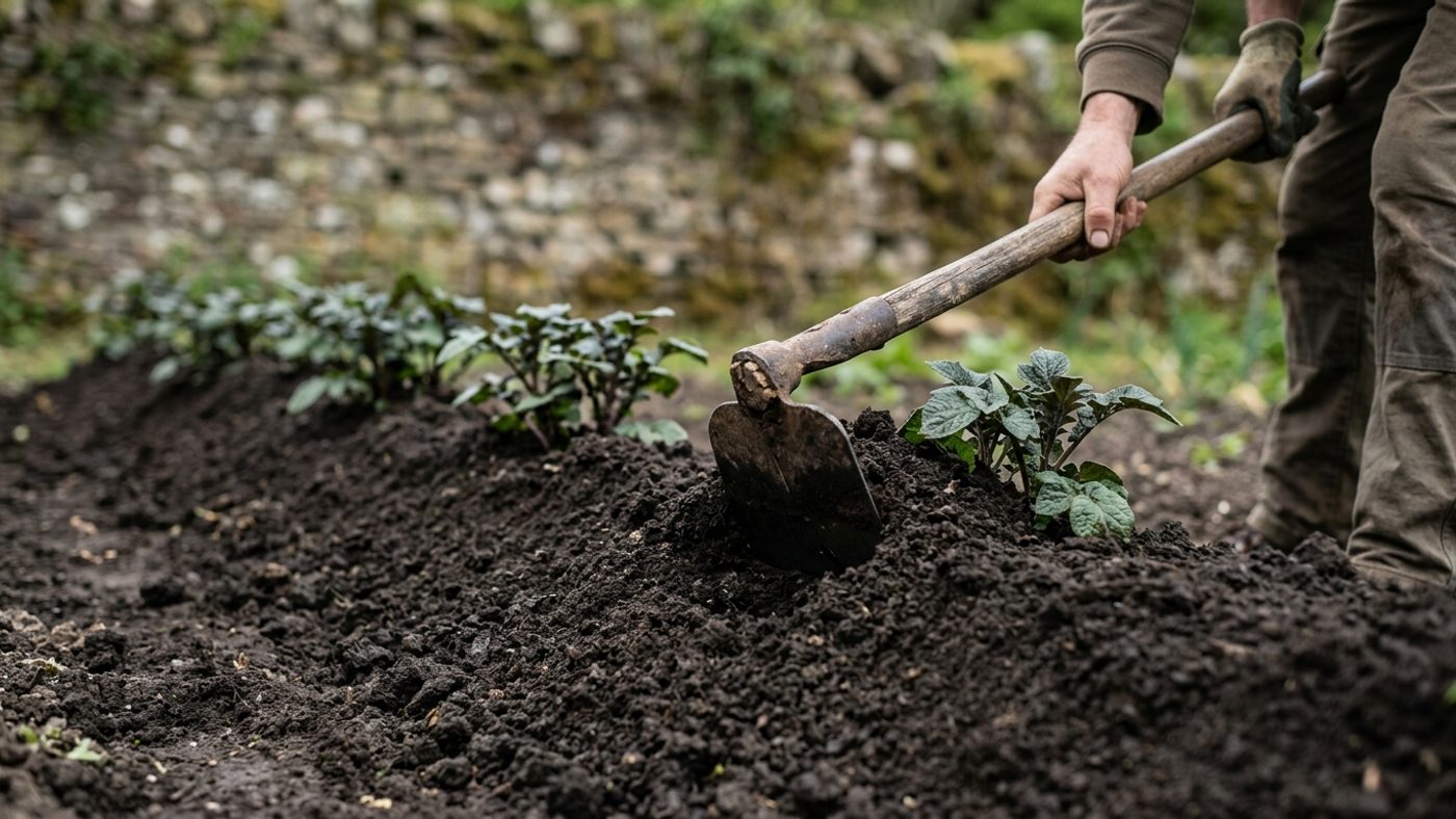 Soil being drawn up into a ridge around potato shoots with a hoe, leaving the top of the leaves showing