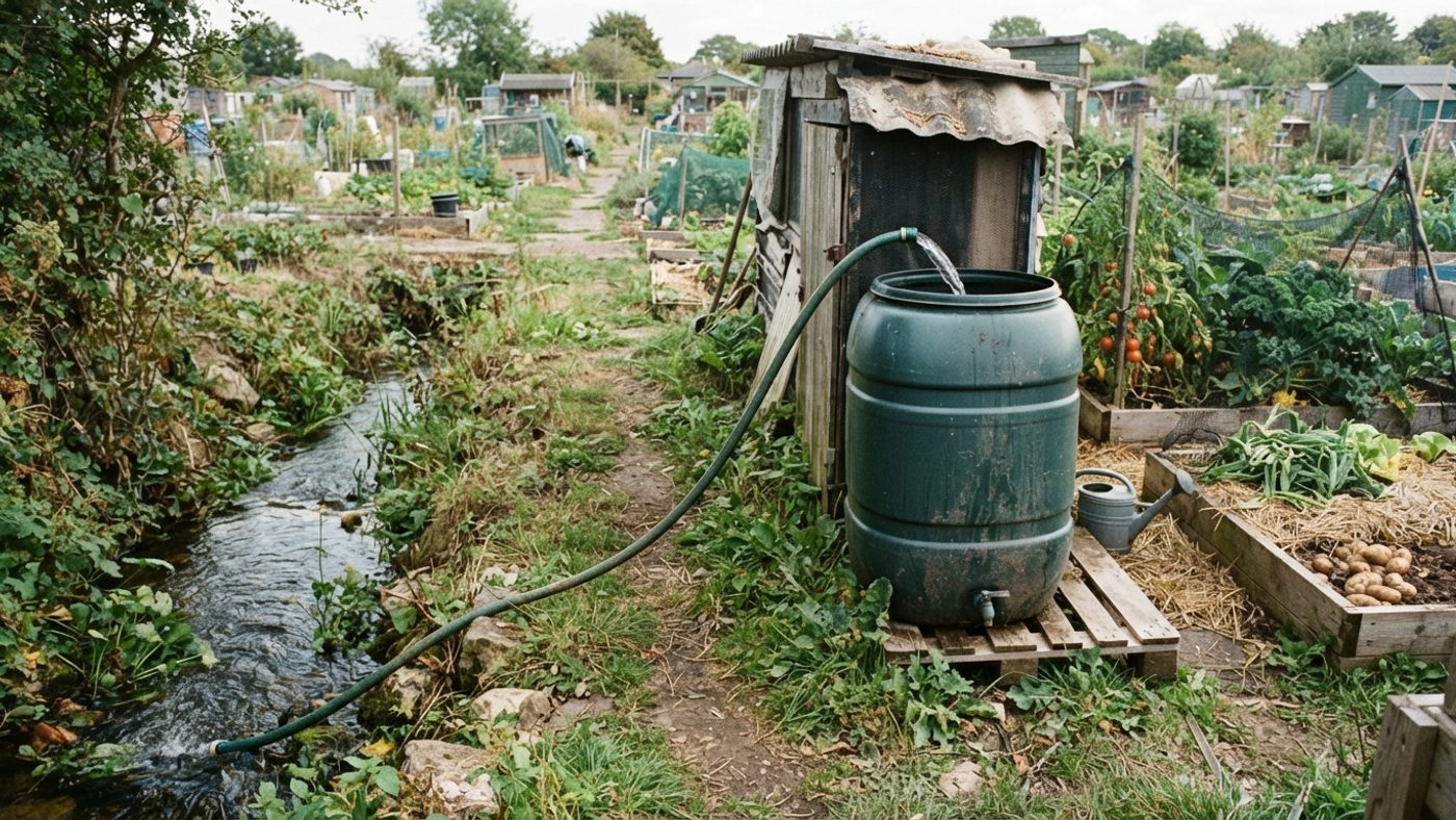 A hose filling a water butt beside an allotment plot from a nearby stream