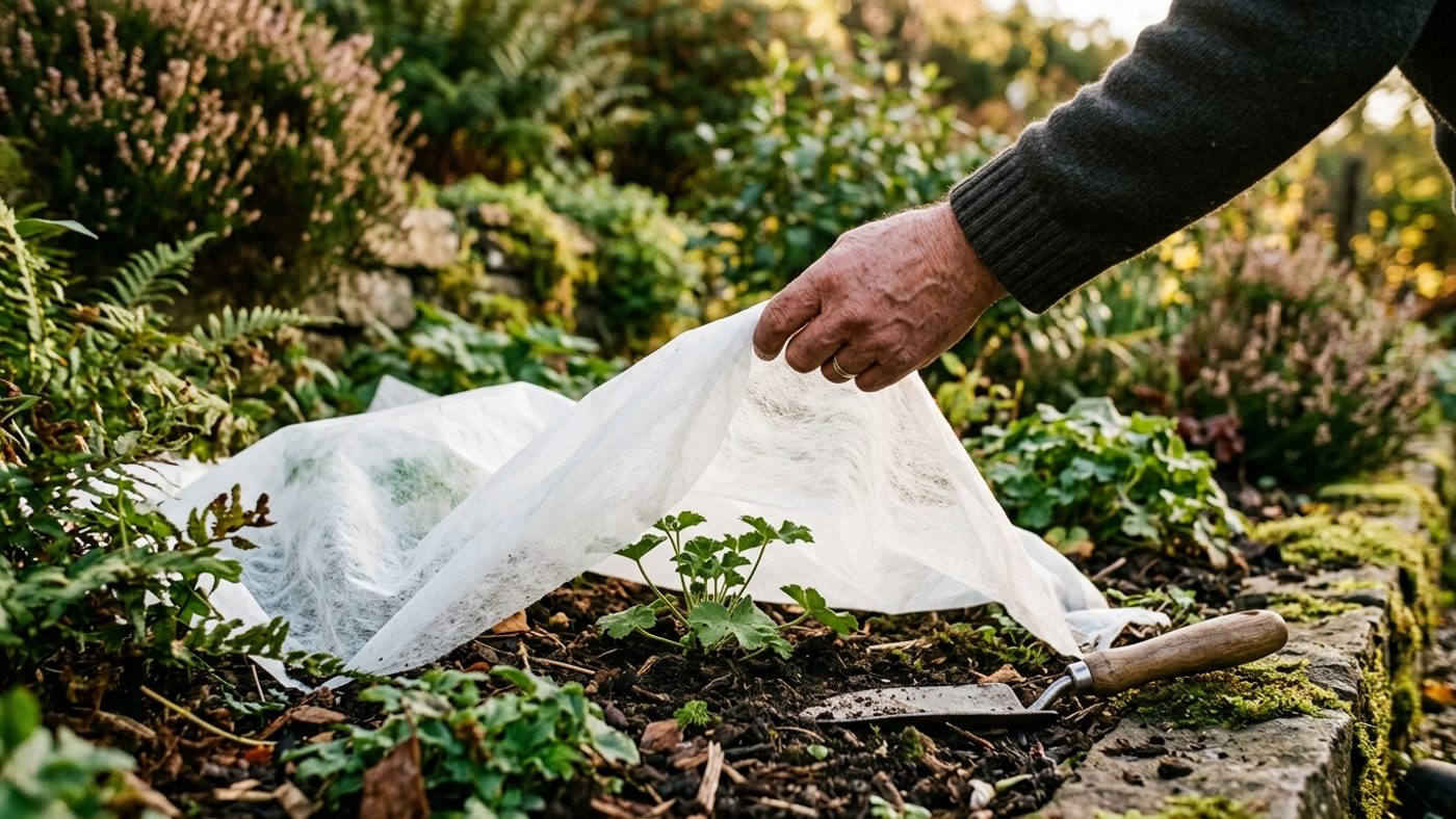 Horticultural fleece being draped over a tender plant in a border before dusk, ahead of a frost warning