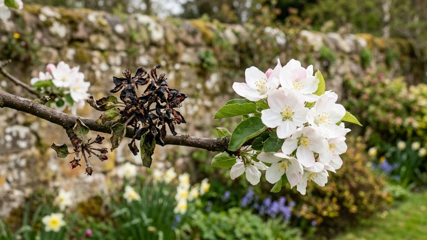 A frost-blackened fruit tree blossom next to an undamaged healthy white blossom on the same branch