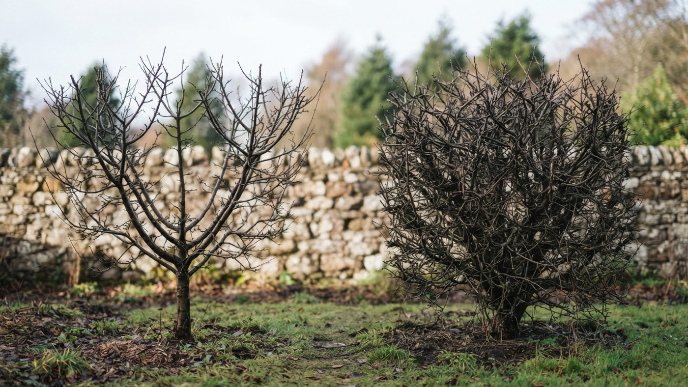 A pruned apple tree with an open goblet-shaped centre next to an unpruned tree with a dense, crowded centre