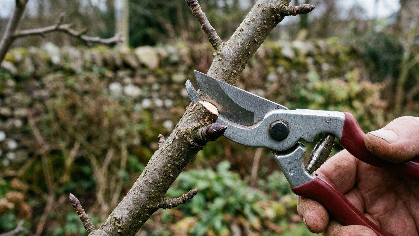 Secateurs cutting a fruit tree branch about half a centimetre above an outward-facing bud, sloped so water runs off