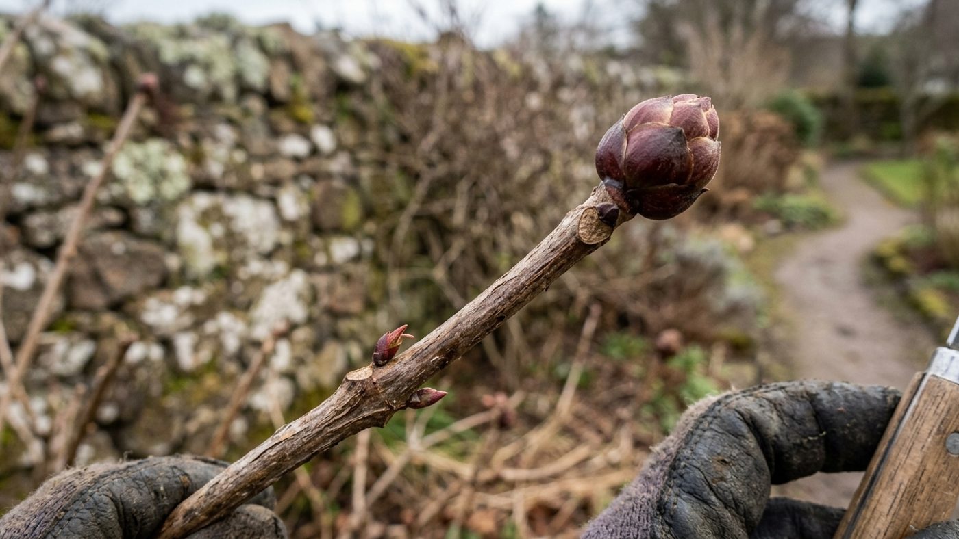 A fat rounded flower bud at a hydrangea stem tip next to a smaller flatter growth bud further down the same stem