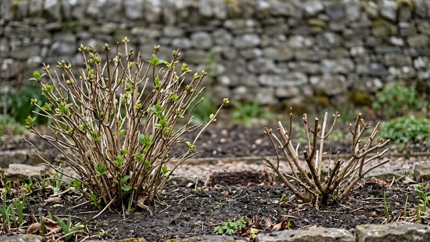 A lightly-pruned mophead hydrangea next to a hard-pruned paniculata hydrangea cut back to a low framework