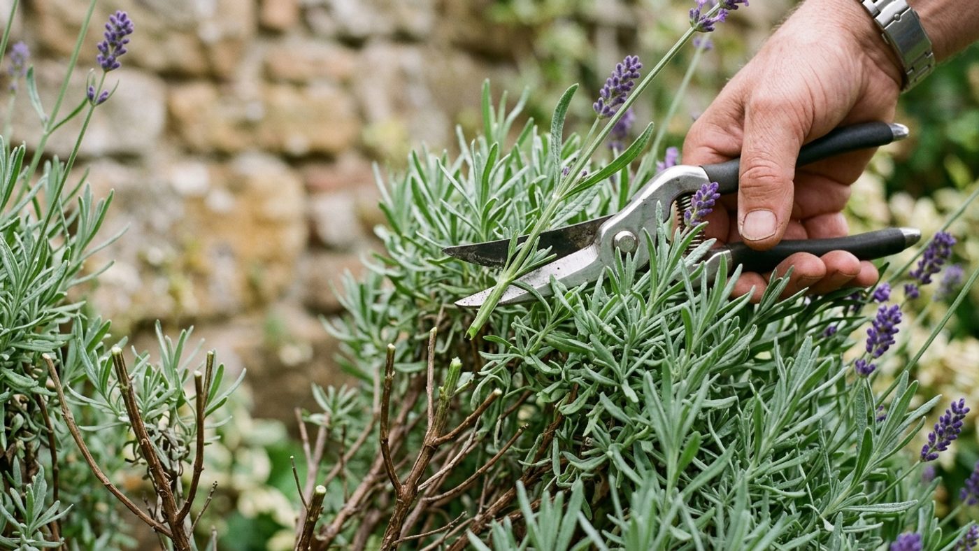 Shears cutting a lavender stem in the leafy grey-green growth well above the bare woody stem below