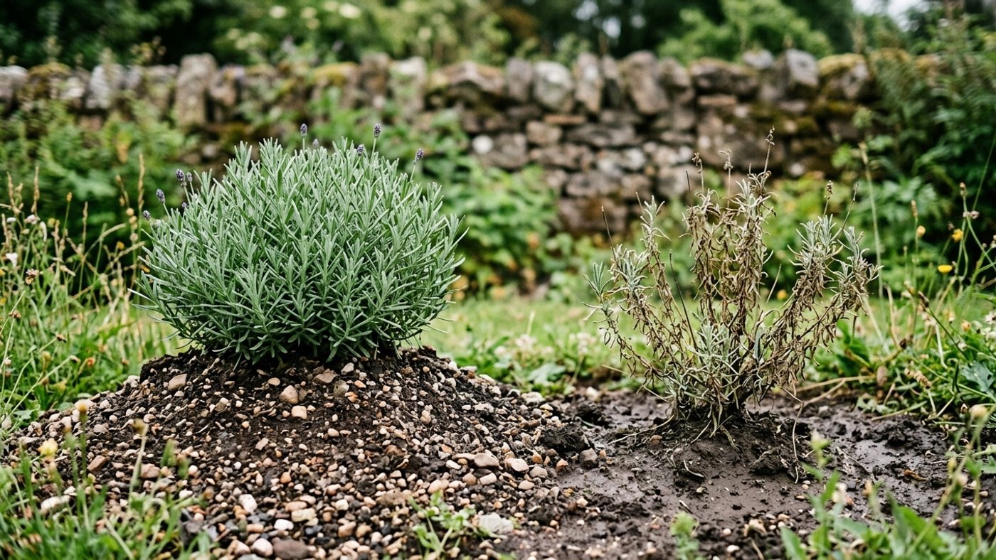 A healthy lavender growing on a raised, gritty mound next to a straggly lavender sitting in flat, waterlogged soil