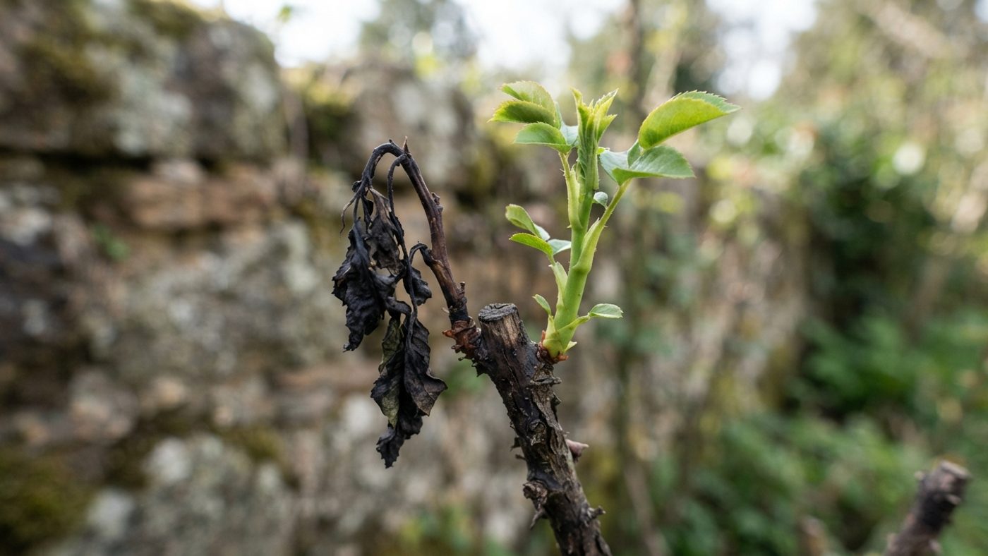 A frost-blackened rose shoot next to a healthy green shoot emerging from the same stem