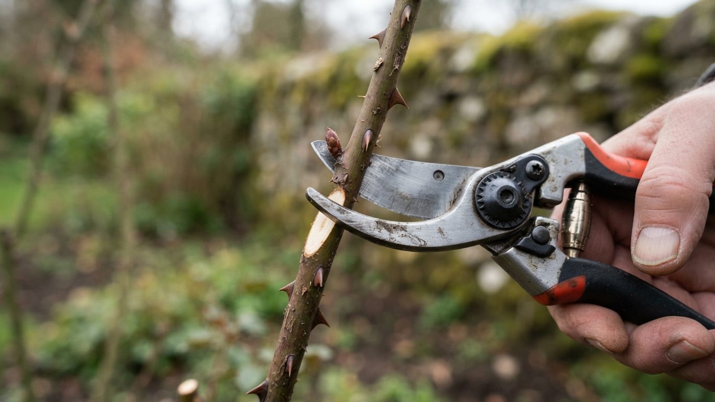Secateurs cutting a rose stem about 5mm above an outward-facing bud, sloping downward and away from it