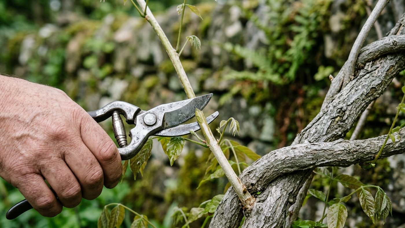 Secateurs cutting a thin, flexible new wisteria shoot back to a leaf node, with thicker older wood visible nearby