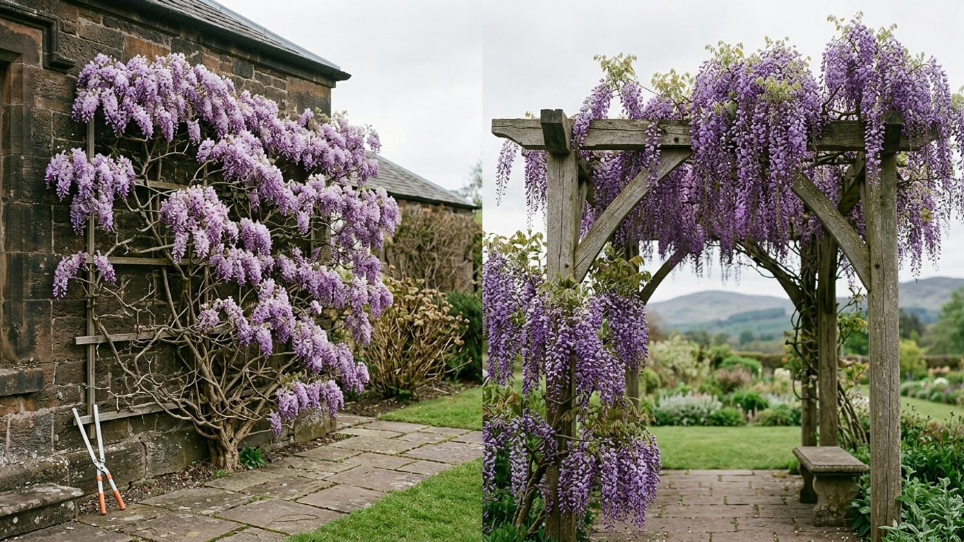 Wisteria trained flat against a wall flowering on bare wood next to wisteria on a pergola with long racemes hanging free