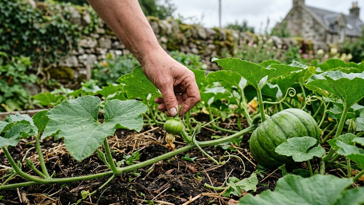 A hand removing an extra small pumpkin fruit from a vine, leaving just one or two to grow larger