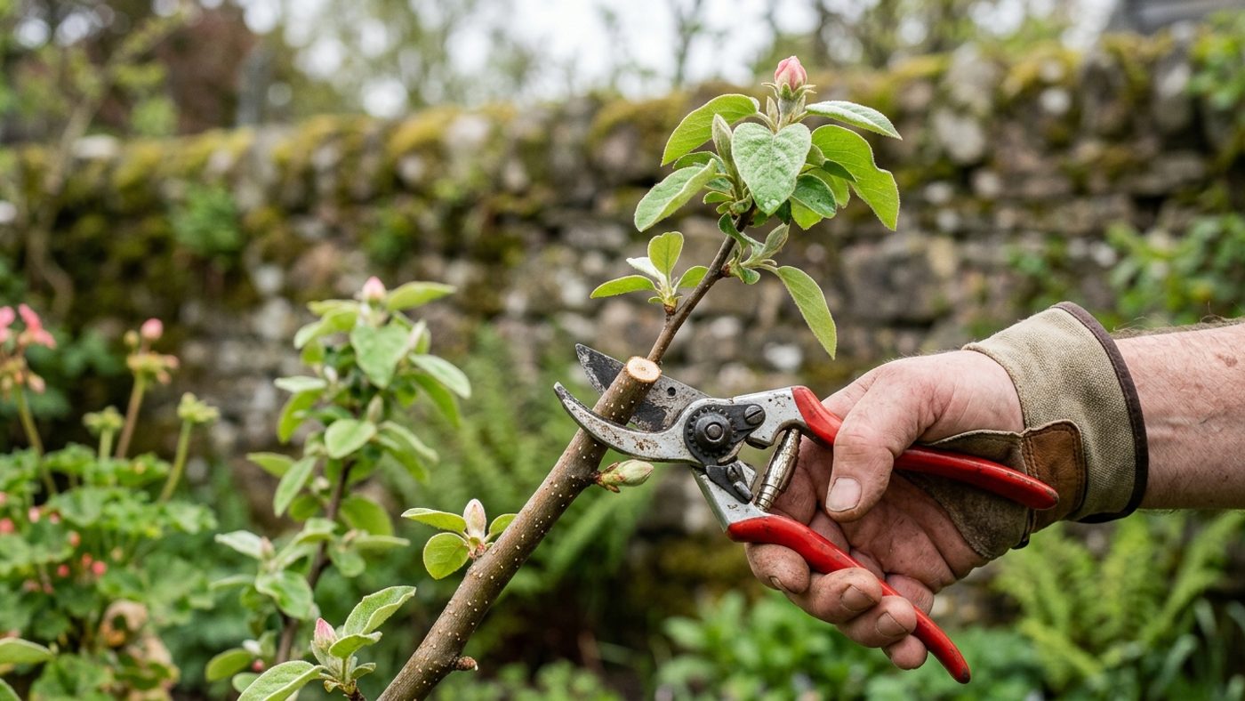Secateurs pruning a quince branch well below the shoot tip, leaving the tip intact since quince fruits there