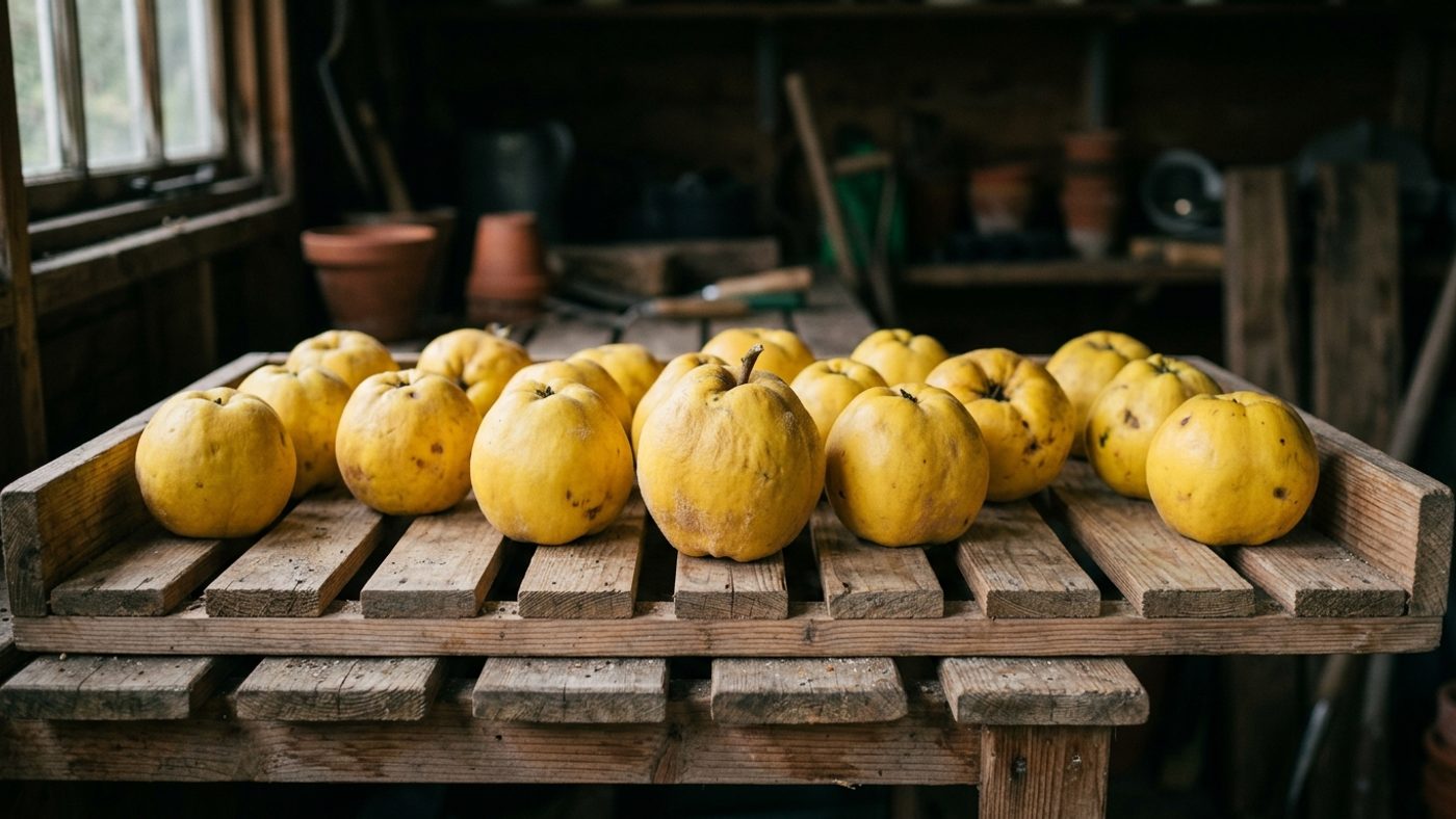 Golden quince fruit laid out unwrapped on a slatted wooden tray in a cool dark place to mellow for weeks before use