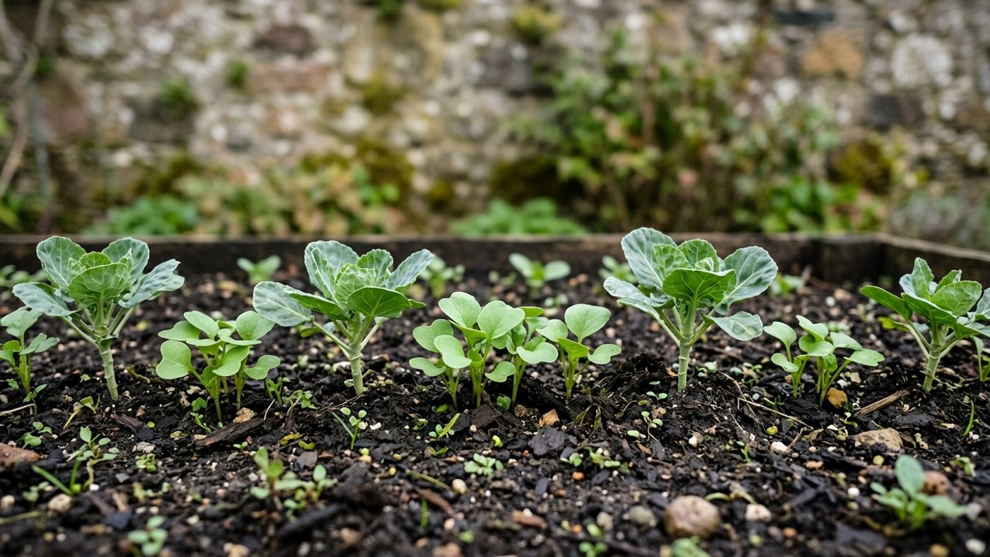 Radish seedlings sown in the gaps between young Brussels sprouts plants, ready to harvest before the bigger plants need the space
