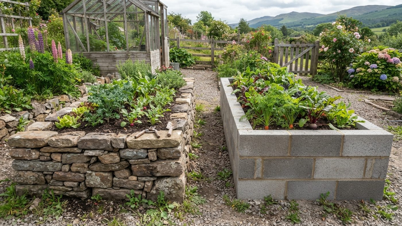 A low dry stone raised bed next to a raised bed built from mortared grey concrete blocks