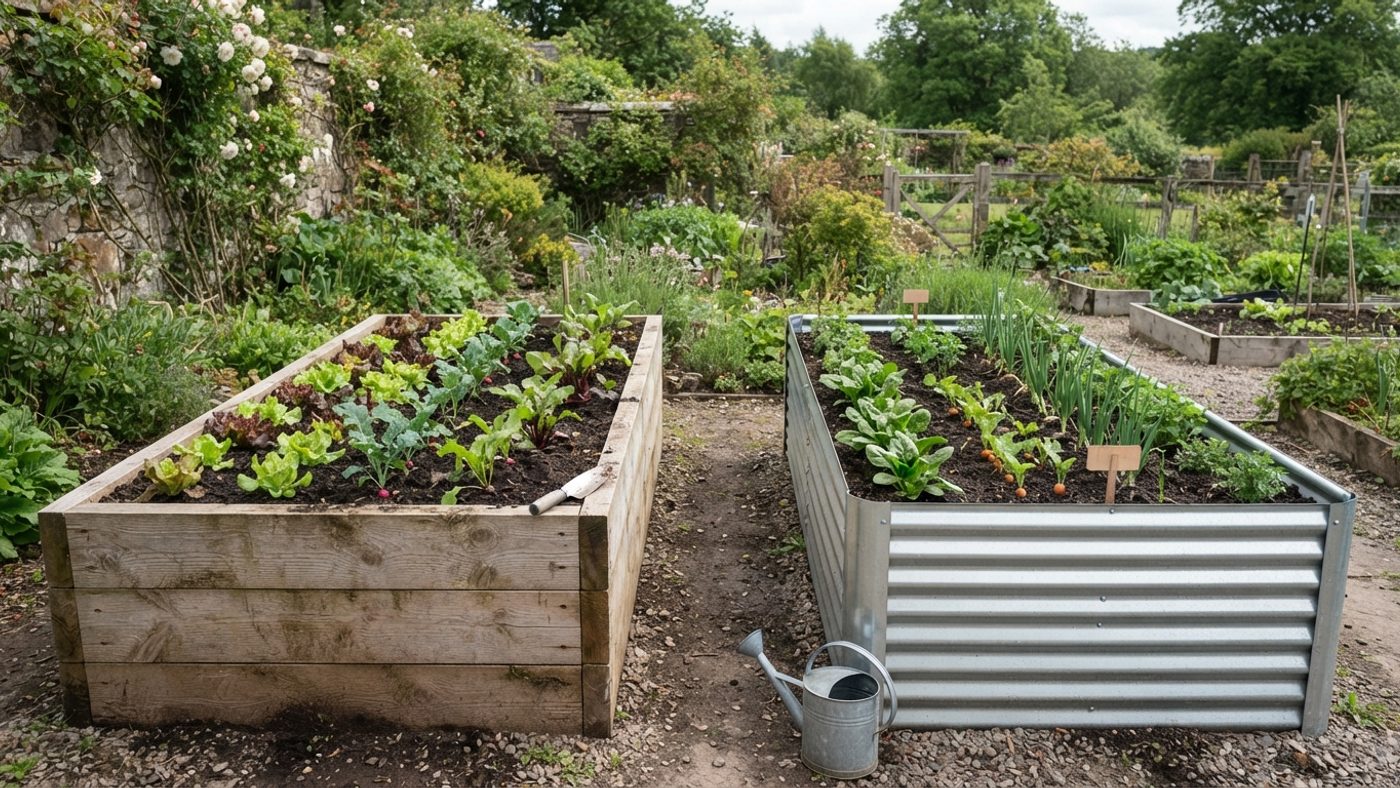 A timber raised bed next to a galvanised metal raised bed, both freshly planted with vegetables