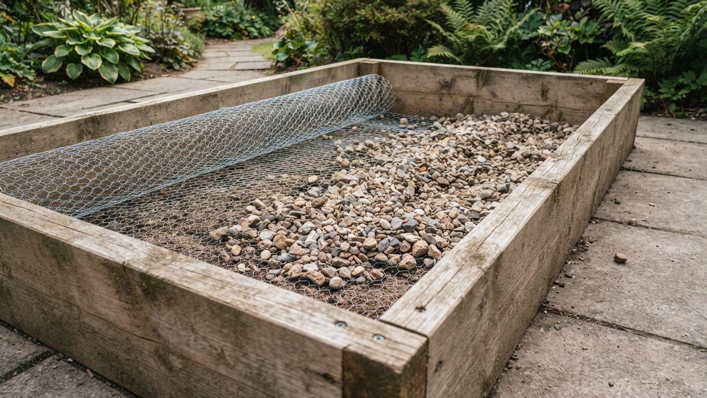 Gravel and wire mesh being laid in the base of a raised bed built on hard paving
