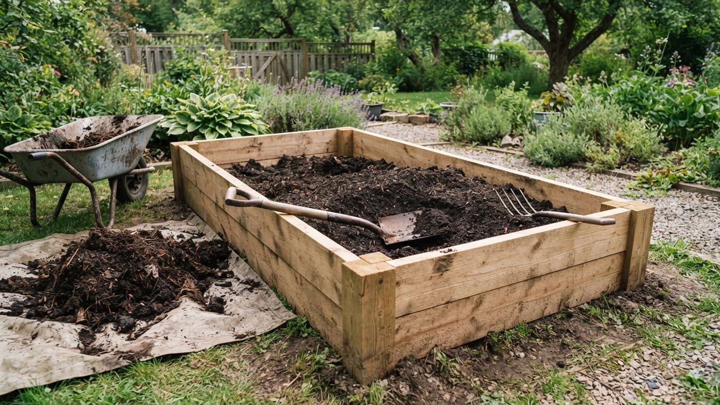 A wooden raised bed frame being filled with soil and compost