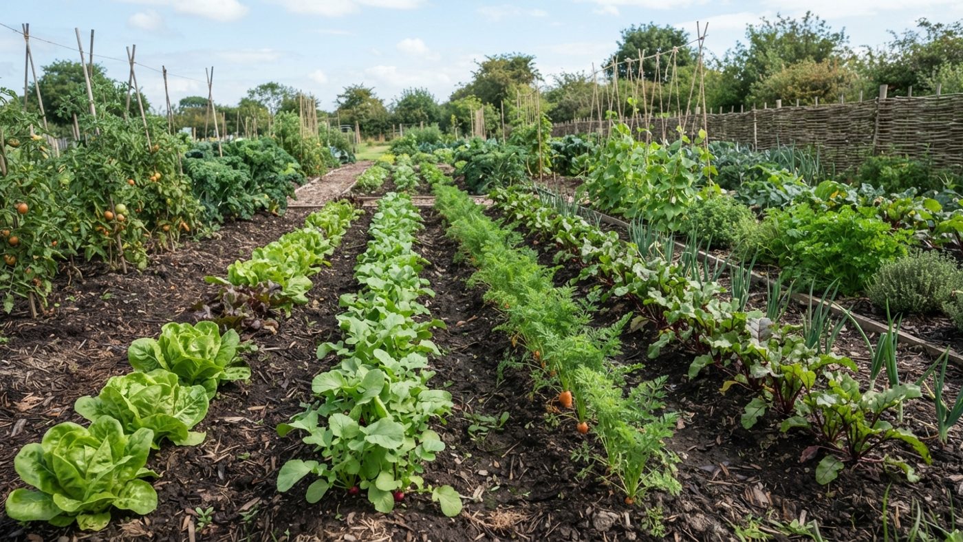 Neat rows of vegetables growing directly in open ground soil