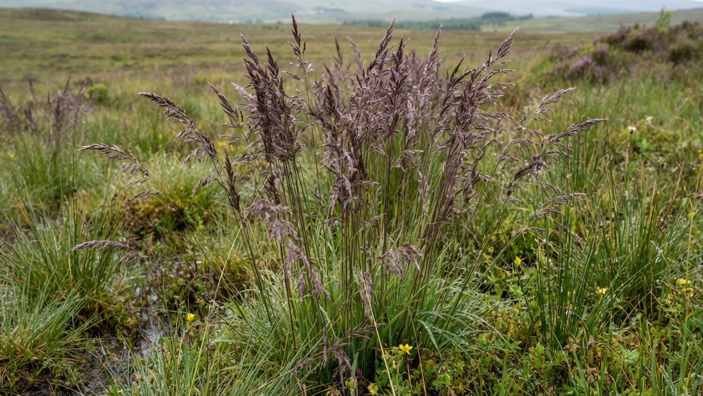 A close-up of tall purple moor-grass growing in damp Scottish grassland