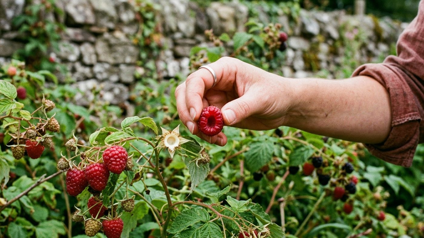 A hand picking a ripe raspberry, pulling it cleanly away from the pale hollow core left behind on the plant
