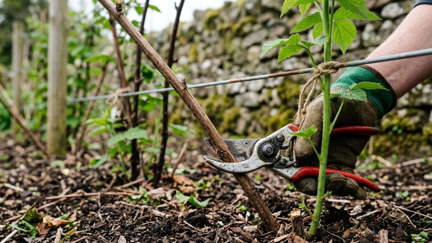 Secateurs cutting an old woody raspberry cane at ground level, with a healthy young green cane tied to a wire support nearby