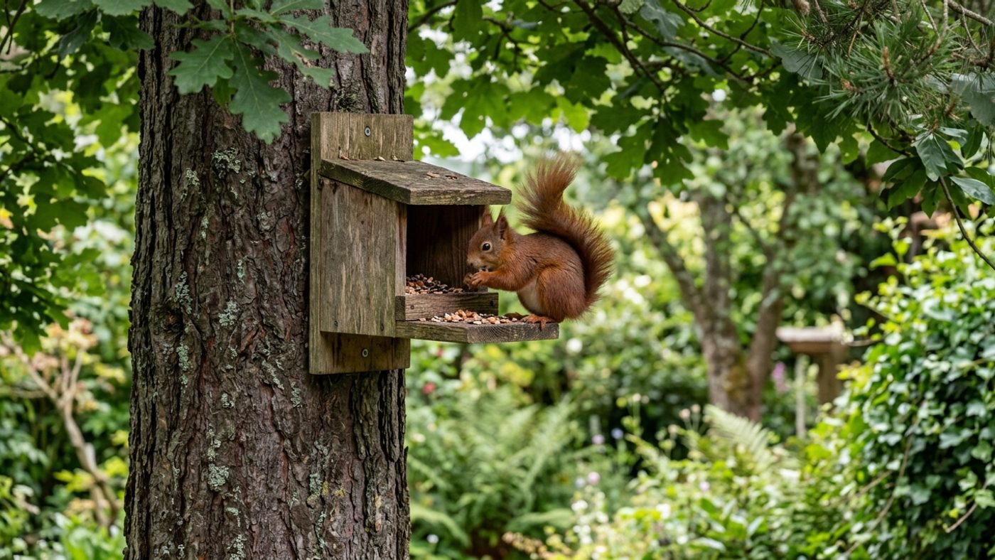 A red squirrel feeding from a wooden squirrel feeder mounted high against a tree trunk under leaf cover