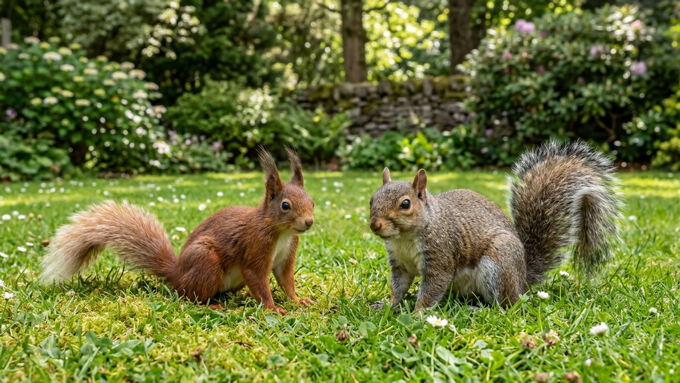 A red squirrel with tufted ears and a reddish coat next to a bulkier grey squirrel with no ear tufts and a grey coat