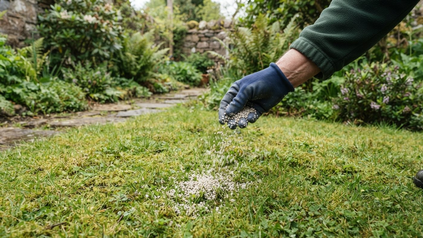 A hand scattering granular lawn feed by hand onto a patch of lawn