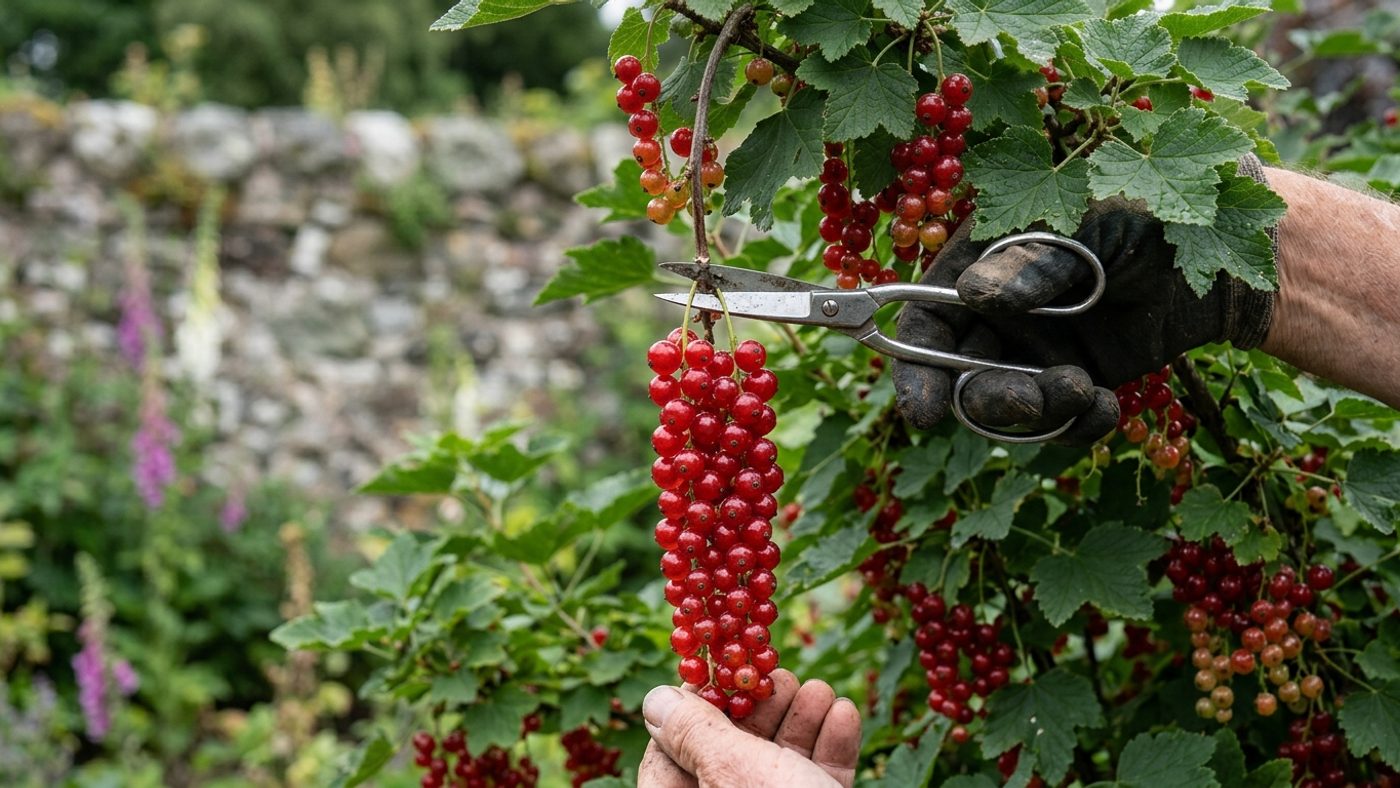 Scissors cutting a whole strig of ripe red currants from the bush rather than picking individual berries