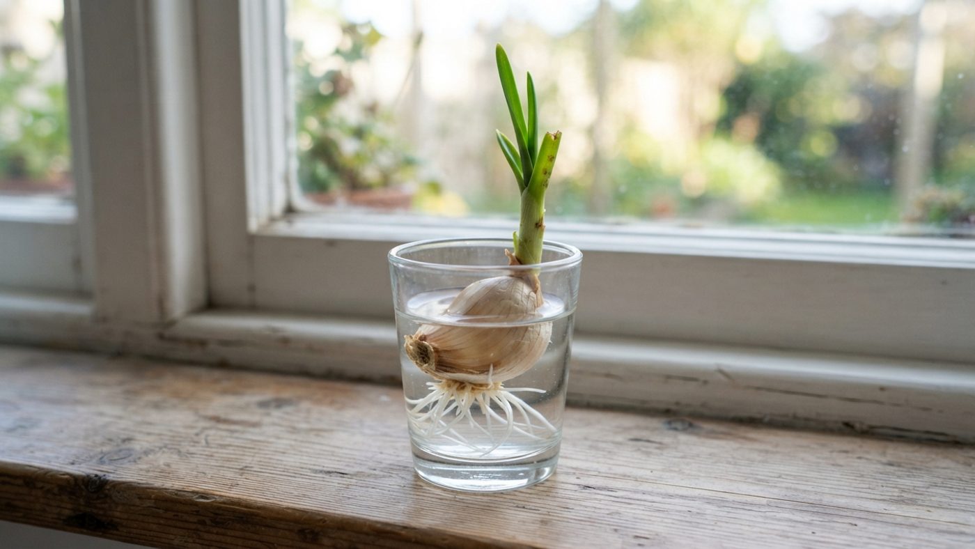 A sprouted garlic clove in a glass of water sending up a green shoot