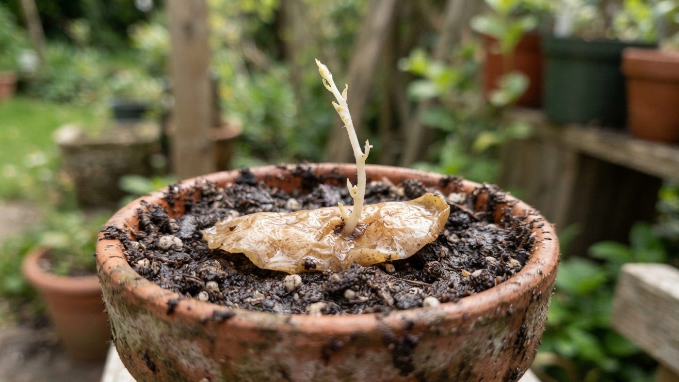 A potato peeling with a sprouted eye producing a thin, spindly shoot in soil
