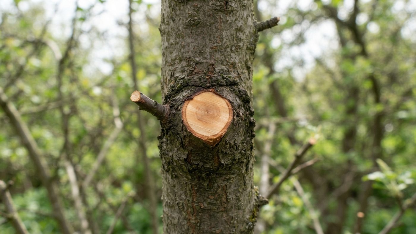 A final clean pruning cut made just outside the branch collar where it joins the trunk